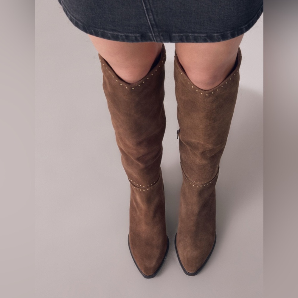 Next Brown Suede Over-the-Knee Studded Boots - Picture 3 of 11